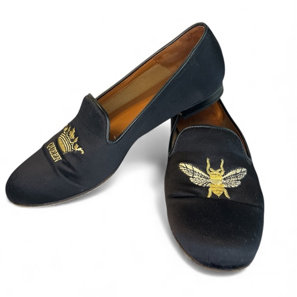 Jon Josef Shoes - Jon Josef Gatsby Queen Bee Elegant Black Satin Loafers with Gold Stitch Academia